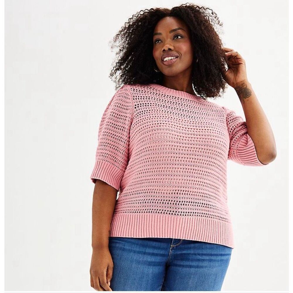 Sonoma Goods For Life Pjnk Crochet Elbow Length Sleeve Scoop Sweater1X NWOT